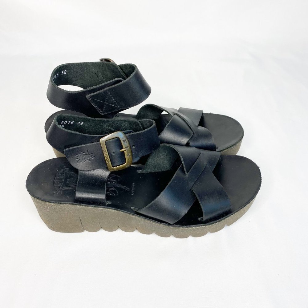 FLY London Womens Yera Black Leather Platform Ankle Strap Sandals US 7.5…